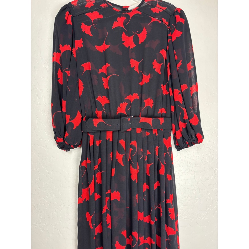 Nipon Boutique Black Red Ginkgo Leaf‎ Sheer Chiffon Belted Midi Dress L 2296